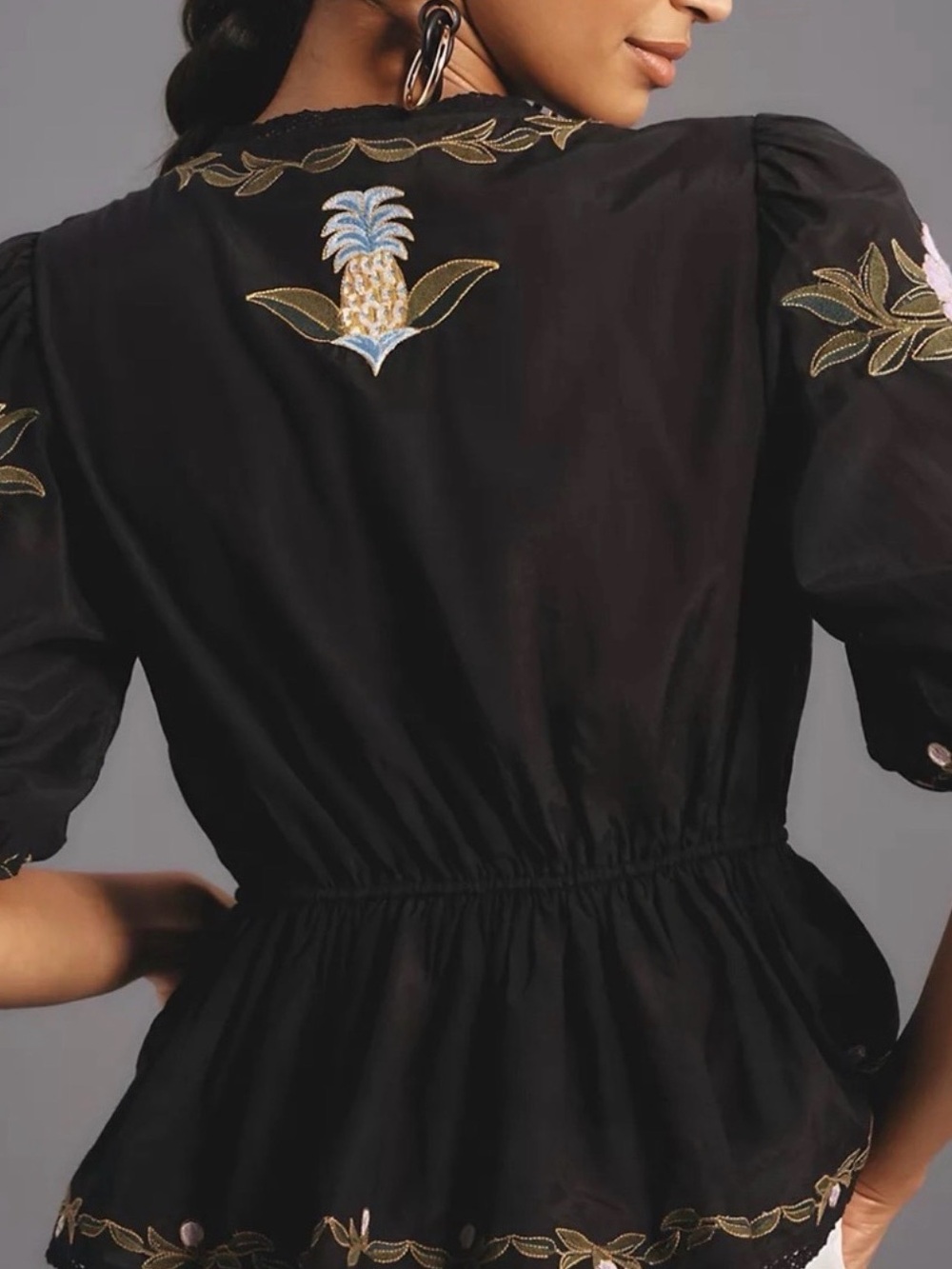 Farm Rio Embroidered Black Peplum Button-Up Top with Pink Floral Accents - Picture 2 of 4